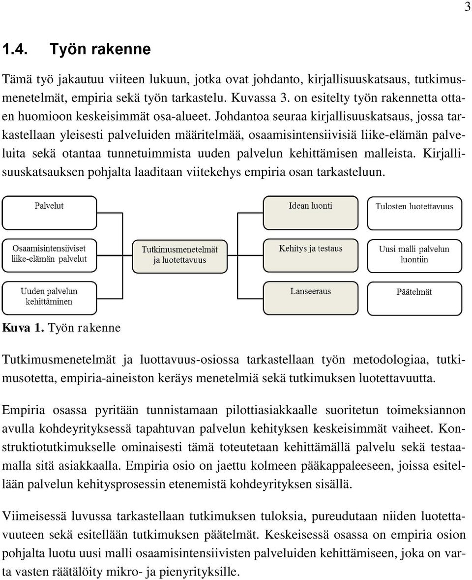 Johdantoa seuraa kirjallisuuskatsaus, jossa tarkastellaan yleisesti palveluiden määritelmää, osaamisintensiivisiä liike-elämän palveluita sekä otantaa tunnetuimmista uuden palvelun kehittämisen