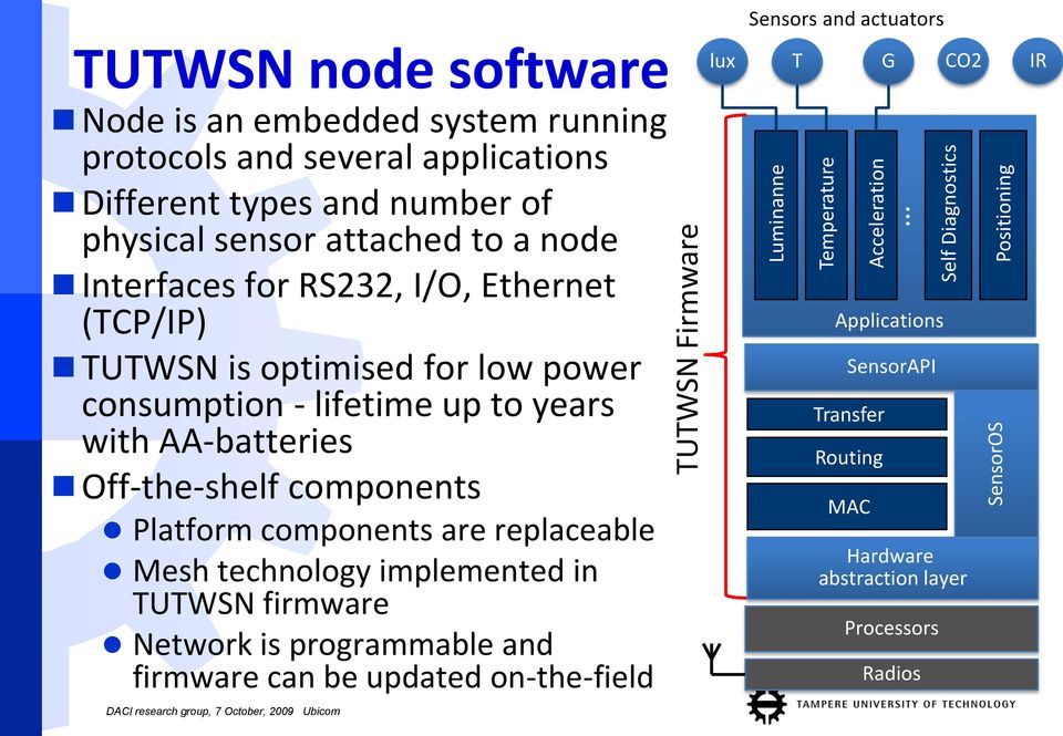 for low power consumption - lifetime up to years with AA-batteries Off-the-shelf components Platform components are replaceable Mesh technology implemented in TUTWSN