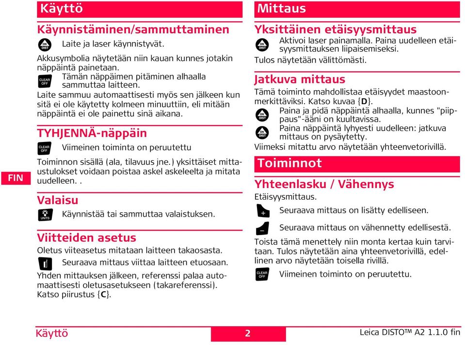 TYHJENNÄ-näppäin Viimeinen toiminta on peruutettu Toiminnon sisällä (ala, tilavuus jne.) yksittäiset mittaustulokset voidaan poistaa askel askeleelta ja mitata uudelleen.