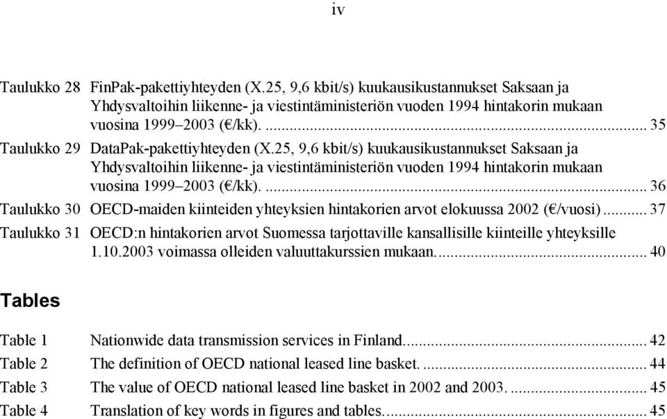 ... 36 Taulukko 30 OECD-maiden kiinteiden yhteyksien hintakorien arvot elokuussa 2002 ( /vuosi)... 37 Taulukko 31 OECD:n hintakorien arvot Suomessa tarjottaville kansallisille kiinteille yhteyksille 1.