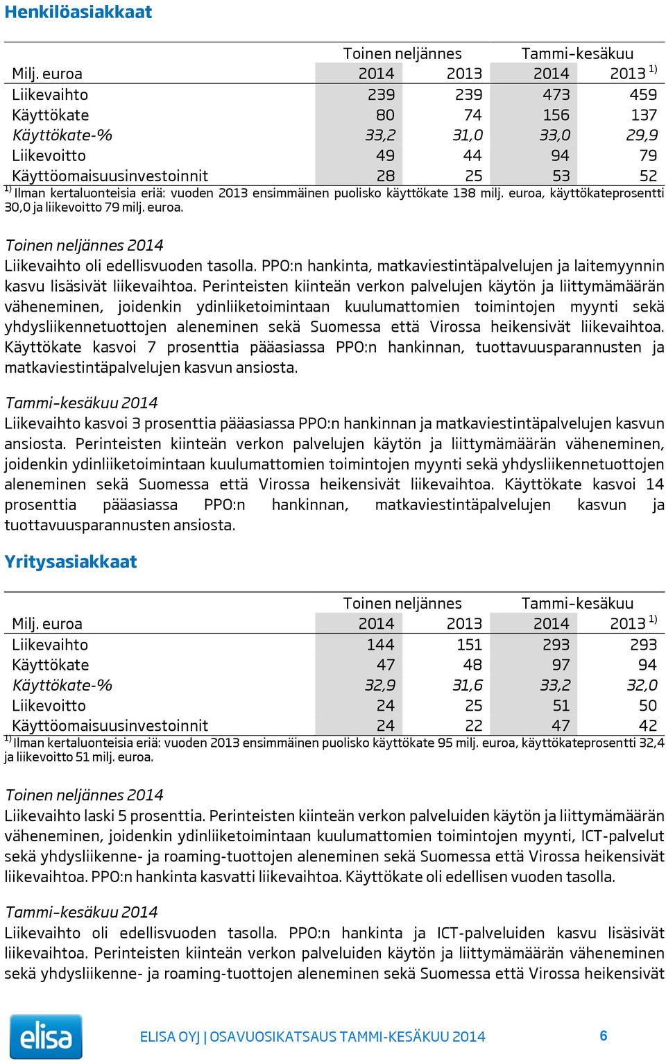 kertaluonteisia eriä: vuoden 2013 ensimmäinen puolisko käyttökate 138 milj. euroa, käyttökateprosentti 30,0 ja liikevoitto 79 milj. euroa. Toinen neljännes 2014 Liikevaihto oli edellisvuoden tasolla.