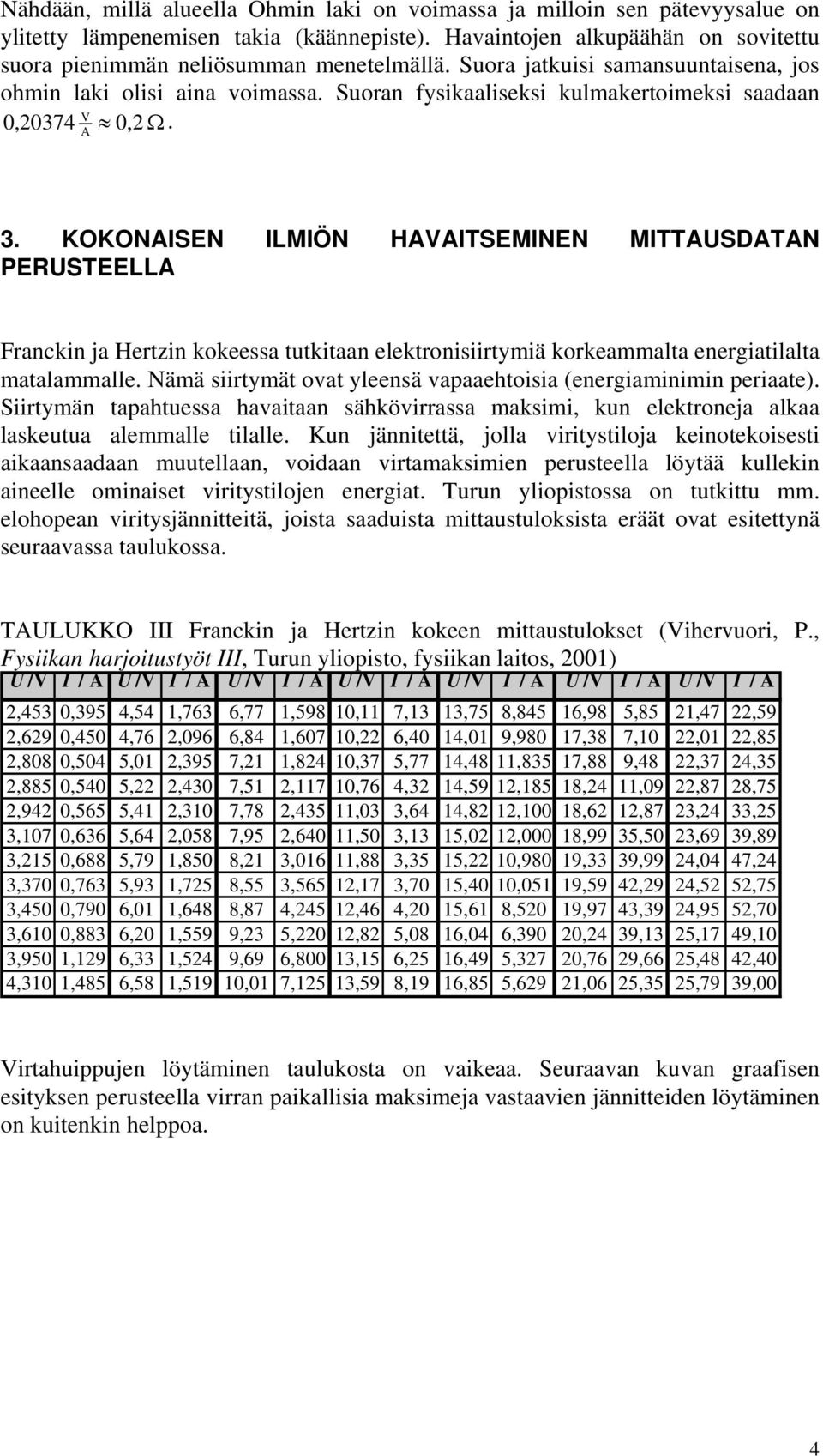 KOKONAISEN ILMIÖN HAVAITSEMINEN MITTAUSDATAN PERUSTEELLA Franckin ja Hertzin kokeessa tutkitaan elektronisiirtymiä korkeammalta energiatilalta matalammalle.