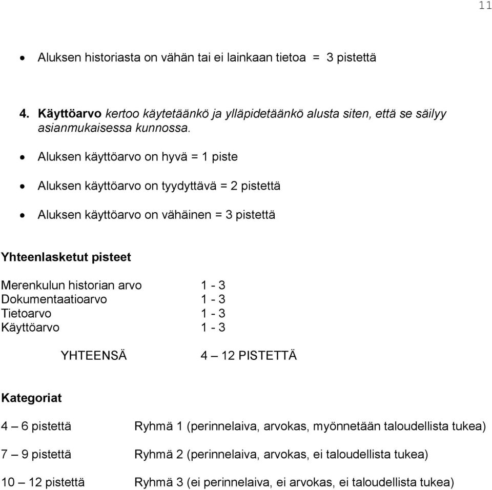 Aluksen käyttöarvo on hyvä = 1 piste Aluksen käyttöarvo on tyydyttävä = 2 pistettä Aluksen käyttöarvo on vähäinen = 3 pistettä Yhteenlasketut pisteet Merenkulun