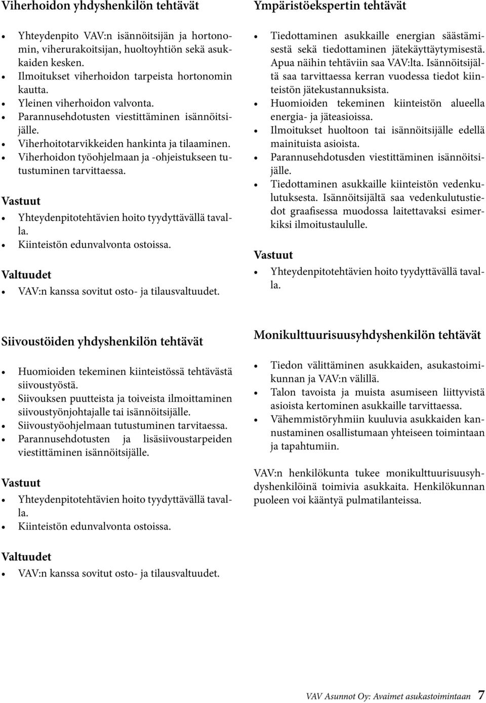 Vastuut Yhteydenpitotehtävien hoito tyydyttävällä tavalla. Kiinteistön edunvalvonta ostoissa. Valtuudet VAV:n kanssa sovitut osto- ja tilausvaltuudet.