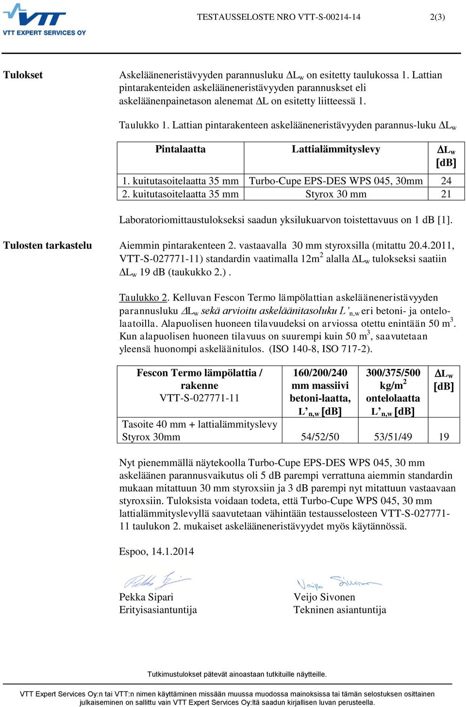 Lattian pintarakenteen askelääneneristävyyden parannus-luku L w Pintalaatta Lattialämmityslevy L w db 1. kuitutasoitelaatta 35 mm Turbo-Cupe EPS-DES WPS 045, 30mm 24 2.