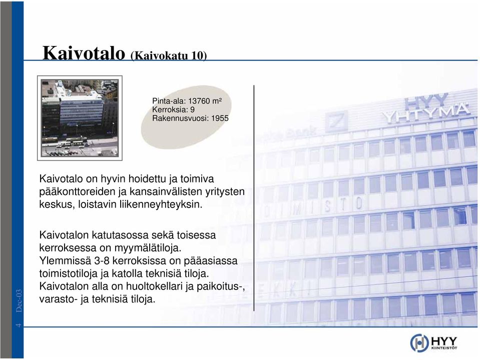 Kaivotalon katutasossa sekä toisessa kerroksessa on myymälätiloja.