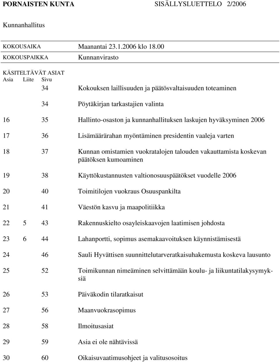 kunnanhallituksen laskujen hyväksyminen 2006 17 36 Lisämäärärahan myöntäminen presidentin vaaleja varten 18 37 Kunnan omistamien vuokratalojen talouden vakauttamista koskevan päätöksen kumoaminen 19