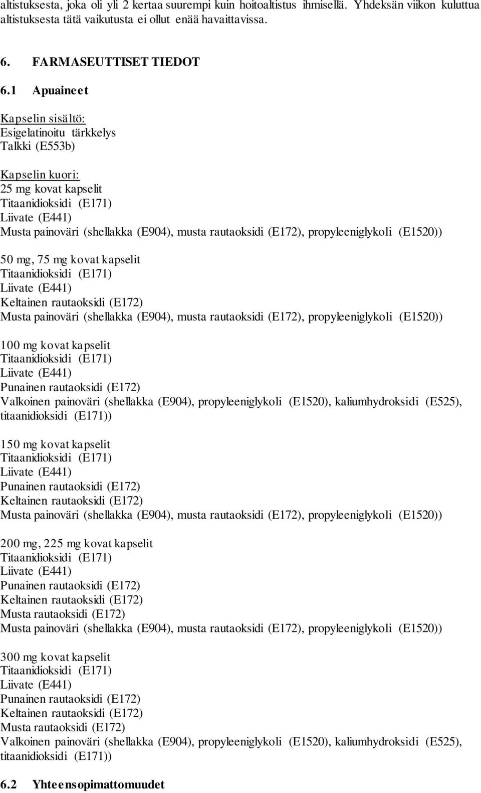 (E172), propyleeniglykoli (E1520)) 50 mg, 75 mg kovat kapselit Titaanidioksidi (E171) Liivate (E441) Keltainen rautaoksidi (E172) Musta painoväri (shellakka (E904), musta rautaoksidi (E172),
