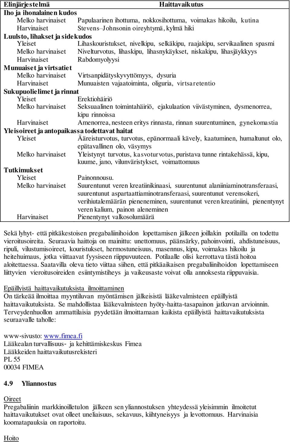 Rabdomyolyysi Munuaiset ja virtsatiet Melko harvinaiset Virtsanpidätyskyvyttömyys, dysuria Harvinaiset Munuaisten vajaatoiminta, oliguria, virtsaretentio Sukupuolielimet ja rinnat Erektiohäiriö Melko