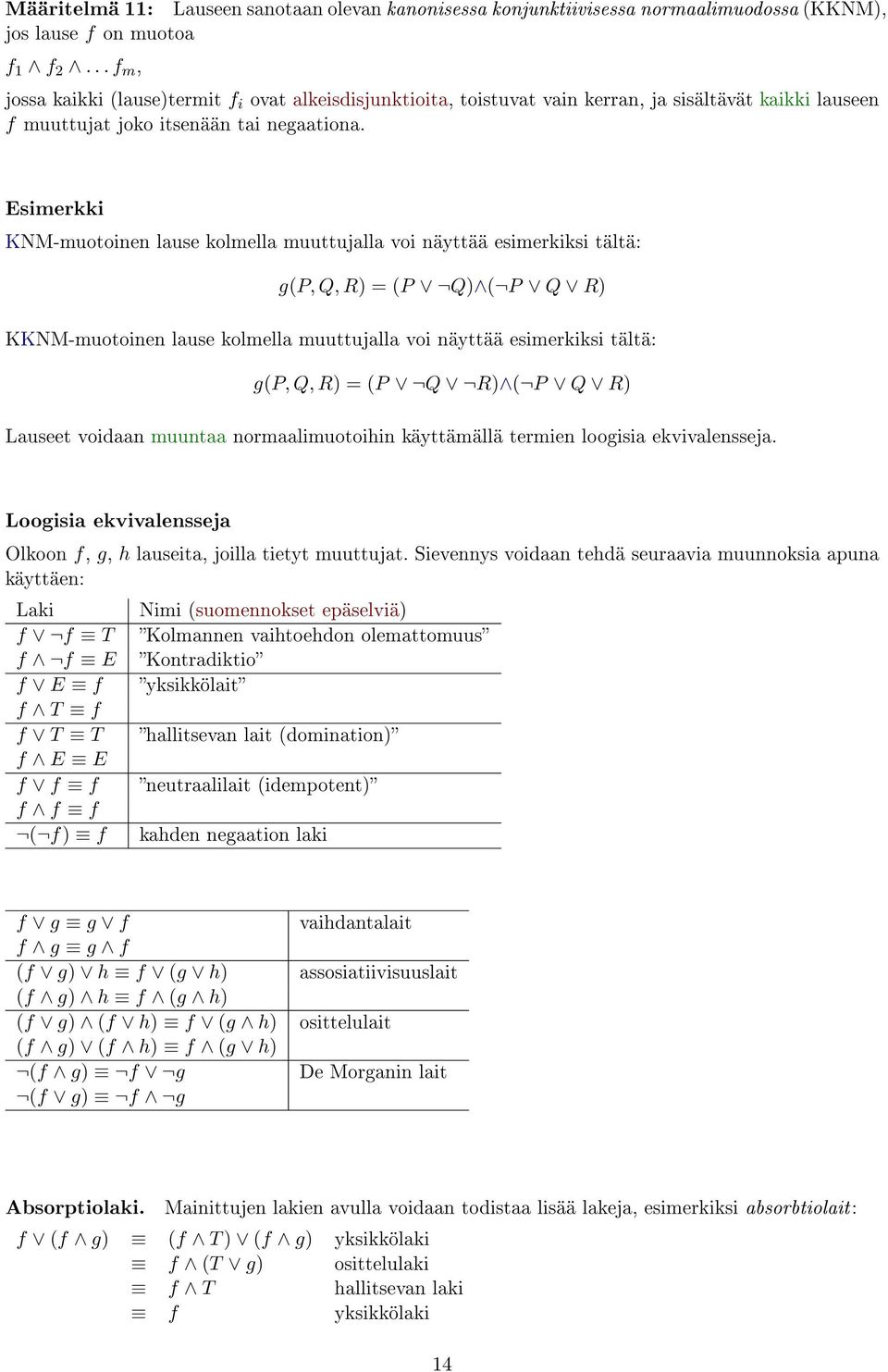 Esimerkki KNM-muotoinen lause kolmella muuttujalla voi näyttää esimerkiksi tältä: g(p, Q, R) = (P Q) ( P Q R) KKNM-muotoinen lause kolmella muuttujalla voi näyttää esimerkiksi tältä: g(p, Q, R) = (P