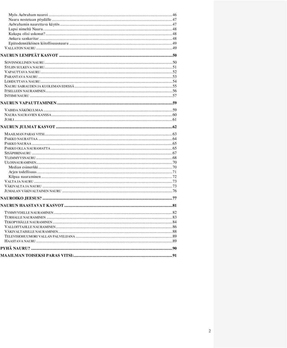 .. 53 LOHDUTTAVA NAURU... 54 NAURU SAIRAUDEN JA KUOLEMAN EDESSÄ... 55 ITSELLEEN NAURAMINEN... 56 INTIIMI NAURU... 57 NAURUN VAPAUTTAMINEN... 59 VAIHDA NÄKÖKULMAA... 59 NAURA NAURAVIEN KANSSA.