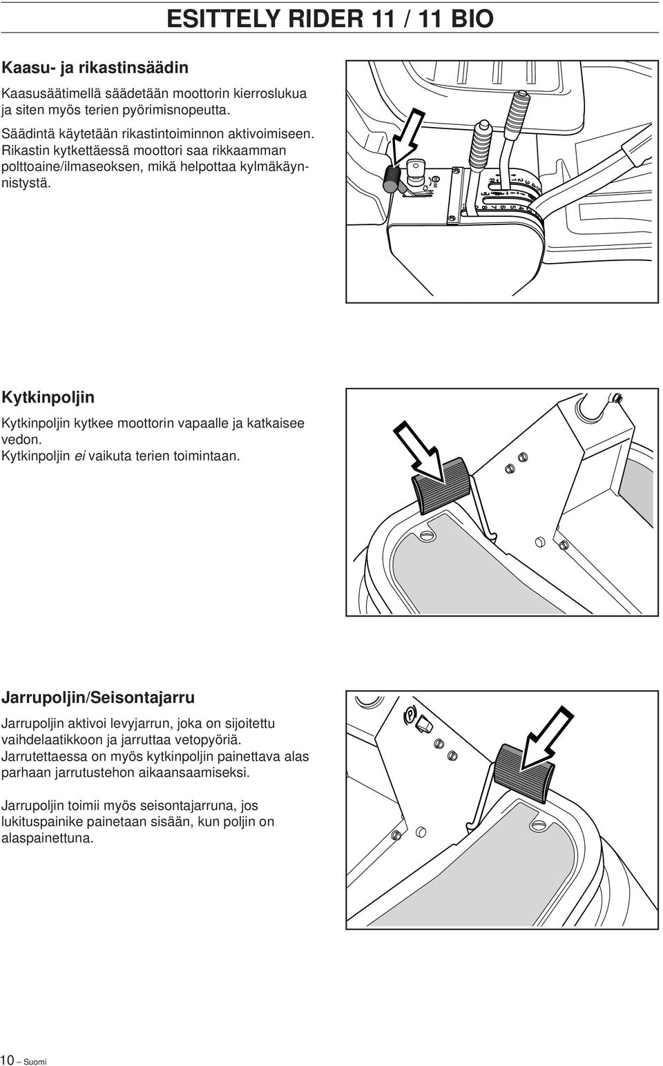 ESITTELY RIDER 11 / 11 BIO Kytkinpoljin Kytkinpoljin kytkee moottorin vapaalle ja katkaisee vedon. Kytkinpoljin ei vaikuta terien toimintaan.