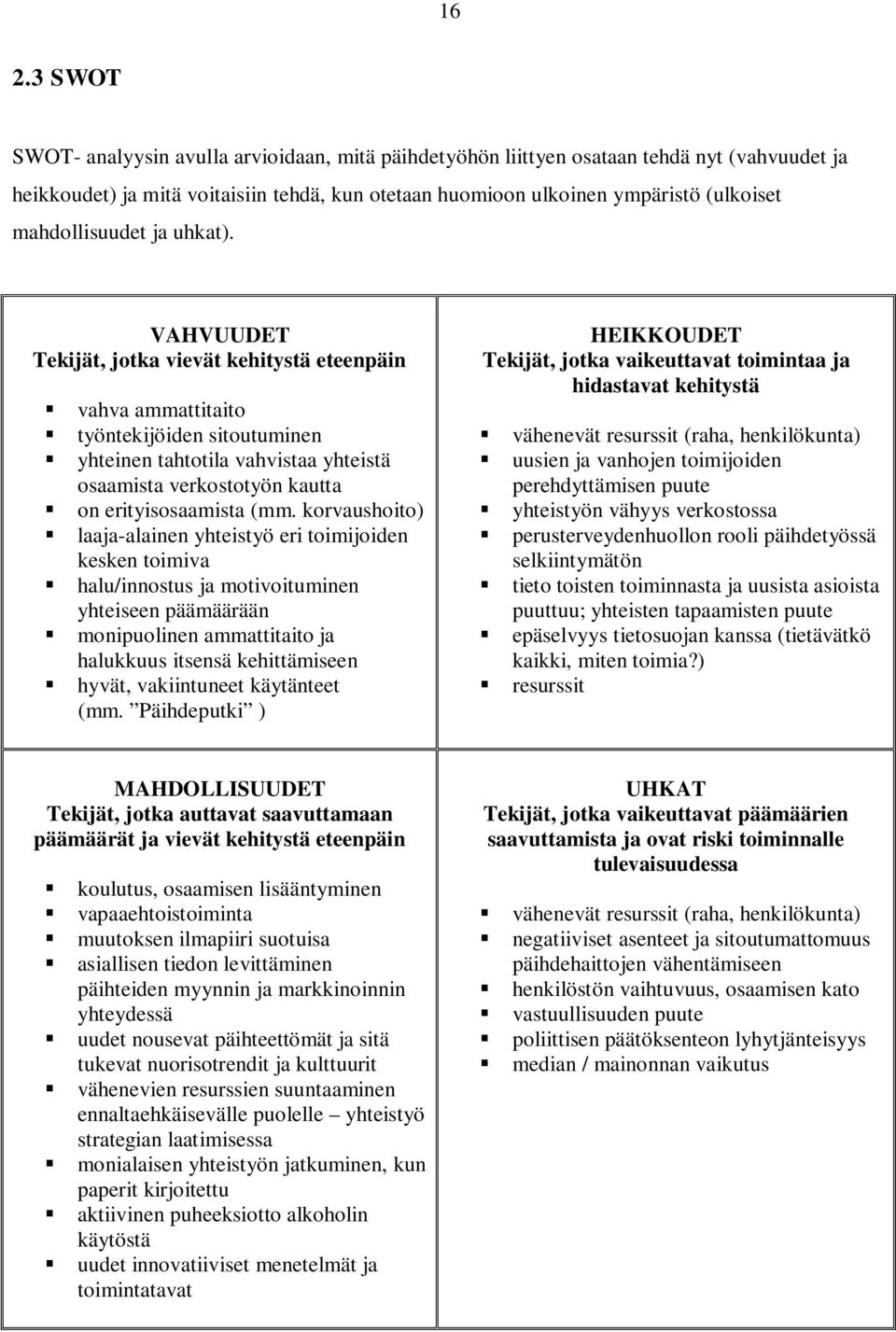 VAHVUUDET Tekijät, jotka vievät kehitystä eteenpäin vahva ammattitaito työntekijöiden sitoutuminen yhteinen tahtotila vahvistaa yhteistä osaamista verkostotyön kautta on erityisosaamista (mm.