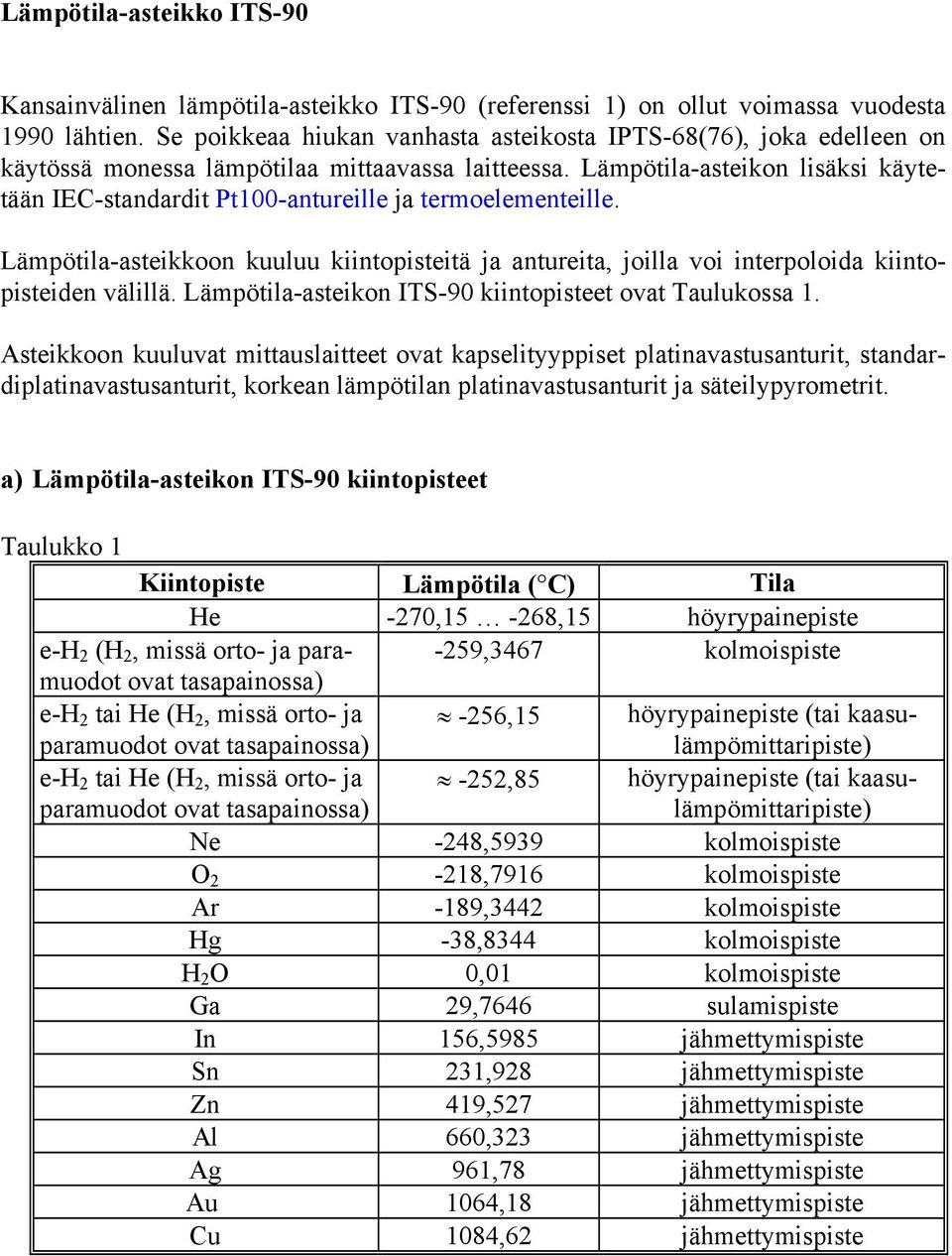 Lämpötila-asteikon lisäksi käytetään IEC-standadit Pt100-antueille ja temoelementeille. Lämpötila-asteikkoon kuuluu kiintopisteitä ja antueita, joilla voi intepoloida kiintopisteiden välillä.