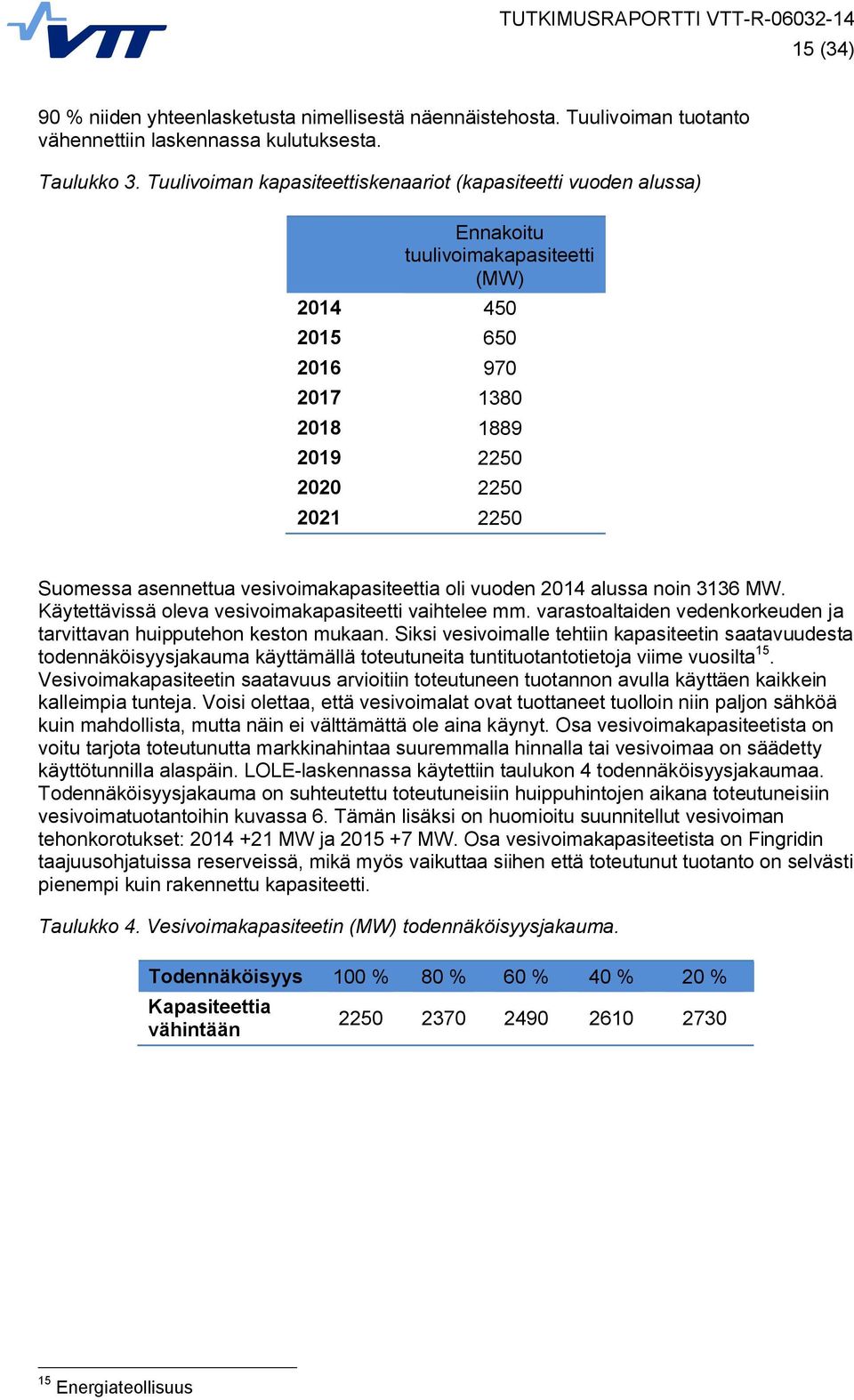 vesivoimakapasiteettia oli vuoden 2014 alussa noin 3136 MW. Käytettävissä oleva vesivoimakapasiteetti vaihtelee mm. varastoaltaiden vedenkorkeuden ja tarvittavan huipputehon keston mukaan.