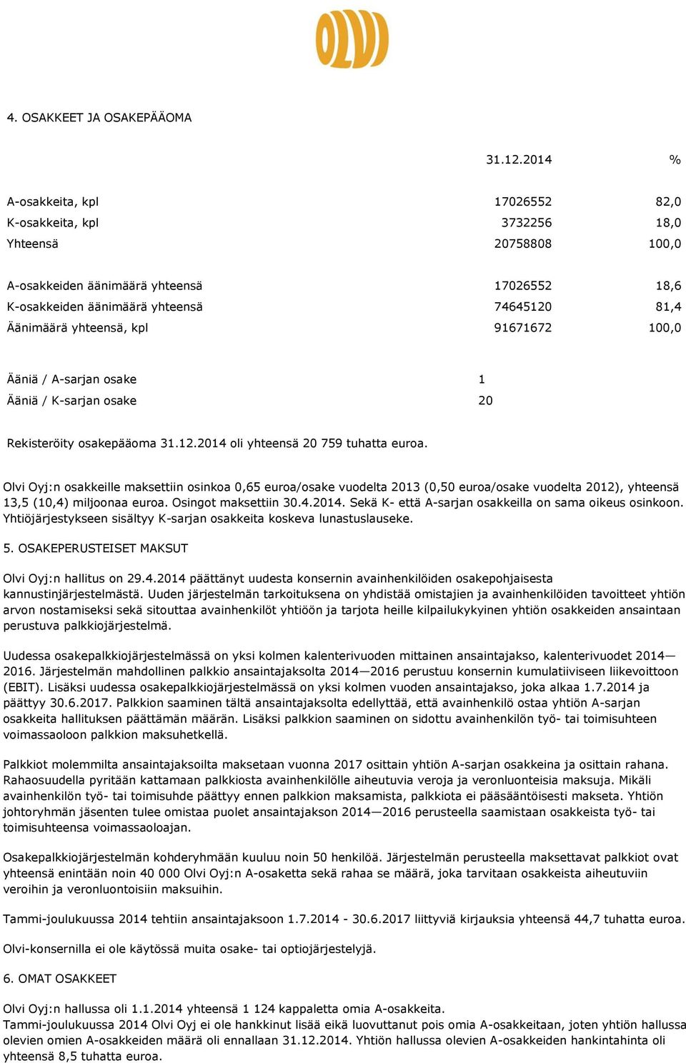 yhteensä, kpl 91671672 100,0 Ääniä / A-sarjan osake 1 Ääniä / K-sarjan osake 20 Rekisteröity osakepääoma 31.12.2014 oli yhteensä 20 759 tuhatta euroa.