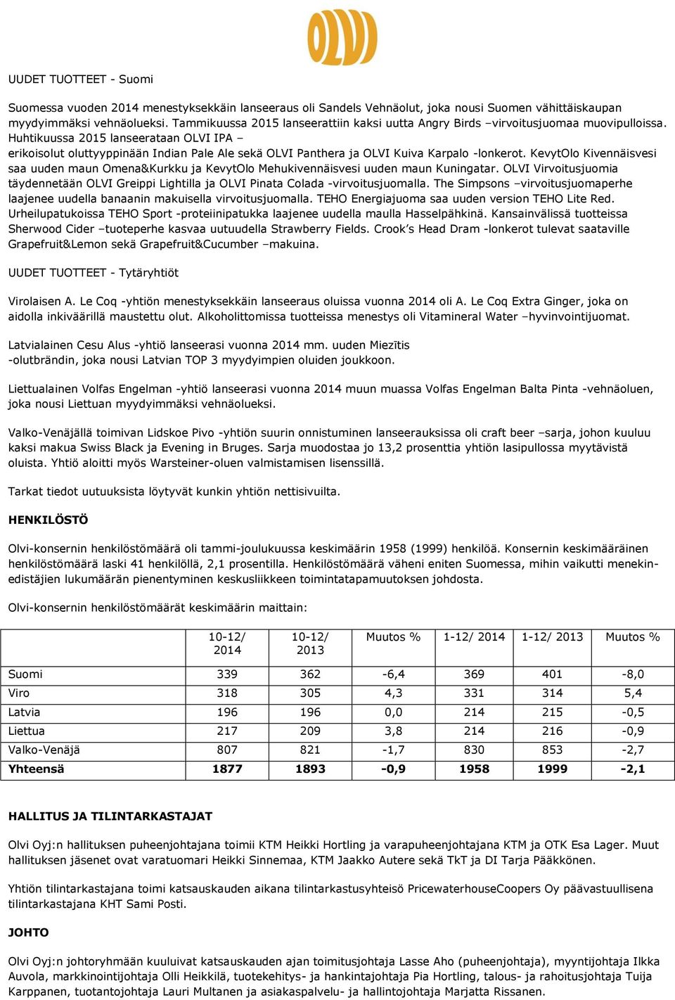 Huhtikuussa 2015 lanseerataan OLVI IPA erikoisolut oluttyyppinään Indian Pale Ale sekä OLVI Panthera ja OLVI Kuiva Karpalo -lonkerot.