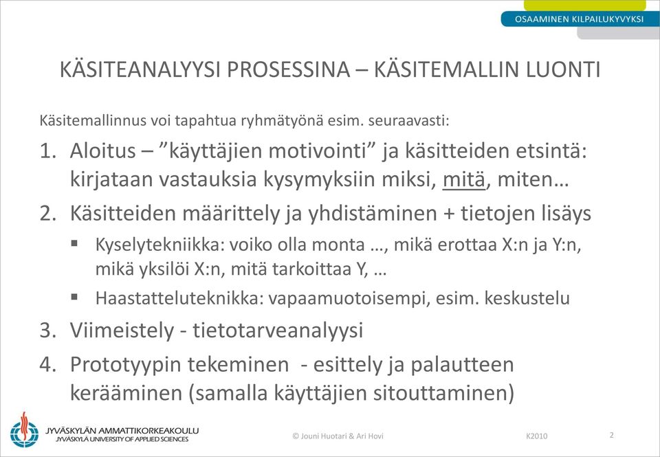 Käsitteiden määrittely ja yhdistäminen + tietojen lisäys Kyselytekniikka: voiko olla monta, mikä erottaa X:n ja Y:n, mikä yksilöi X:n, mitä