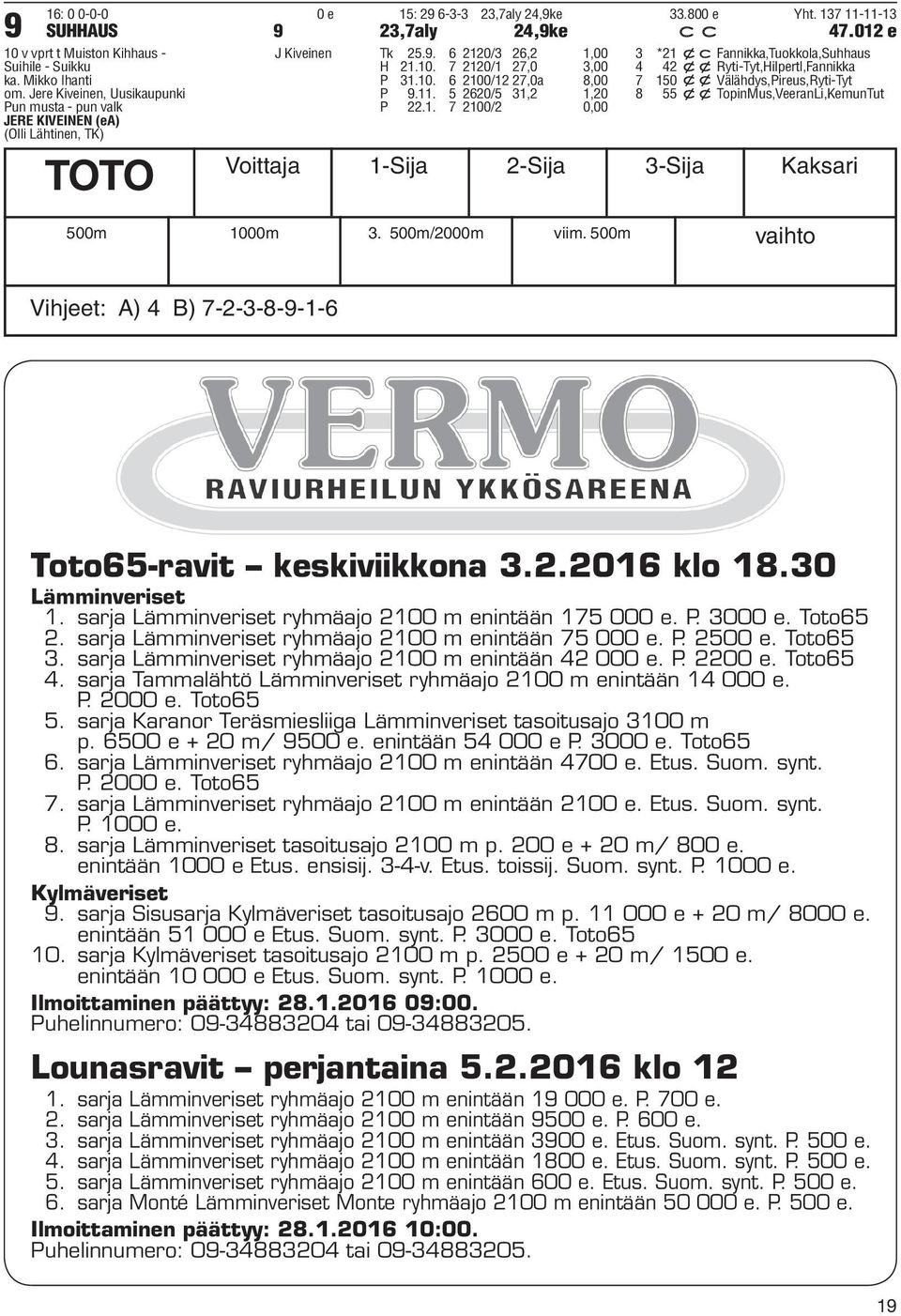 7 2120/1 27,0 3,00 4 42 xxryti-tyt,hilpertl,fannikka P 31.10. 6 2100/12 27,0a 8,00 7 150 xxvälähdys,pireus,ryti-tyt P 9.11. 5 2620/5 31,2 1,20 8 55 xxtopinmus,veeranli,kemuntut P 22.1. 7 2100/2 0,00 TOTO Voittaja 1-Sija 2-Sija 3-Sija Kaksari 500m 1000m 3.