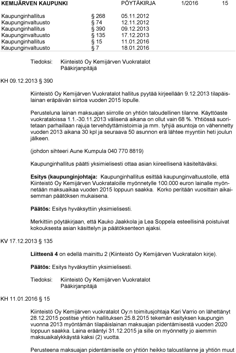 12.2013 ti la päislai nan erä päi vän siirtoa vuoden 2015 lopulle. Perusteluna lainan maksuajan siirrolle on yhtiön taloudellinen tilanne. Käyttöaste vuok rataloissa 1.1.-30.11.