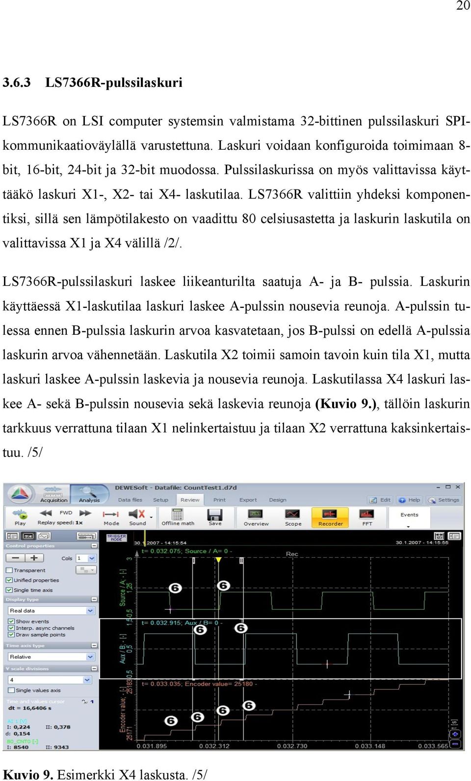 LS7366R valittiin yhdeksi komponentiksi, sillä sen lämpötilakesto on vaadittu 80 celsiusastetta ja laskurin laskutila on valittavissa X1 ja X4 välillä /2/.