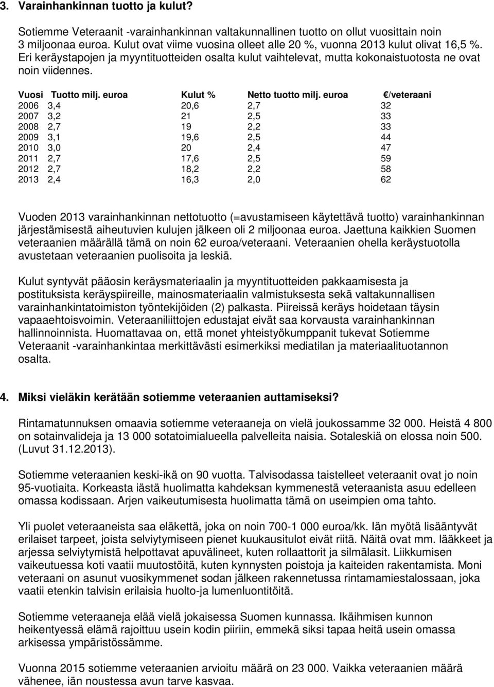 Vuosi Tuotto milj. euroa Kulut % Netto tuotto milj.