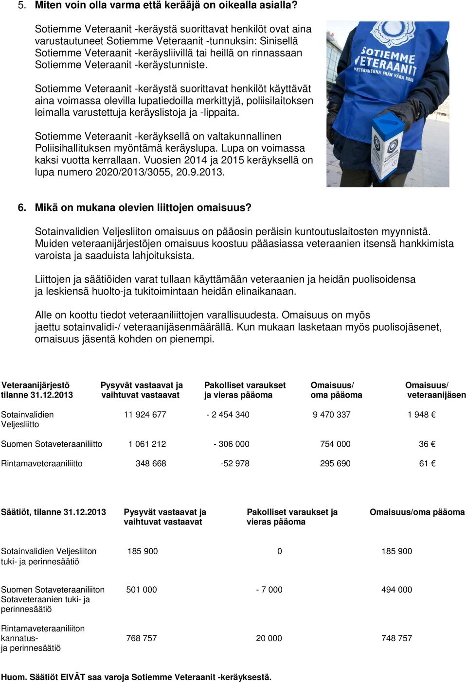 -keräystunniste. Sotiemme Veteraanit -keräystä suorittavat henkilöt käyttävät aina voimassa olevilla lupatiedoilla merkittyjä, poliisilaitoksen leimalla varustettuja keräyslistoja ja -lippaita.