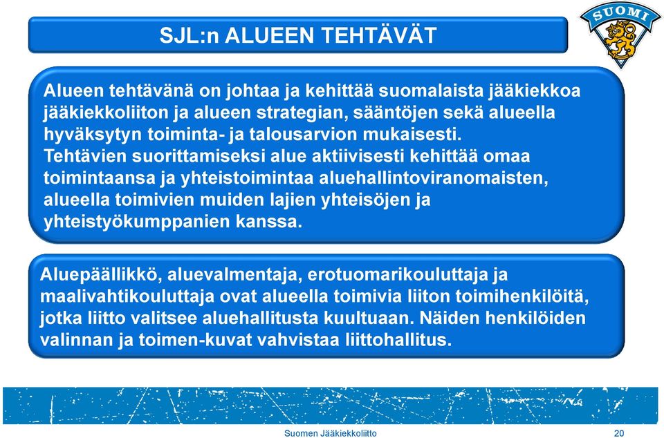 Tehtävien suorittamiseksi alue aktiivisesti kehittää omaa toimintaansa ja yhteistoimintaa aluehallintoviranomaisten, alueella toimivien muiden lajien