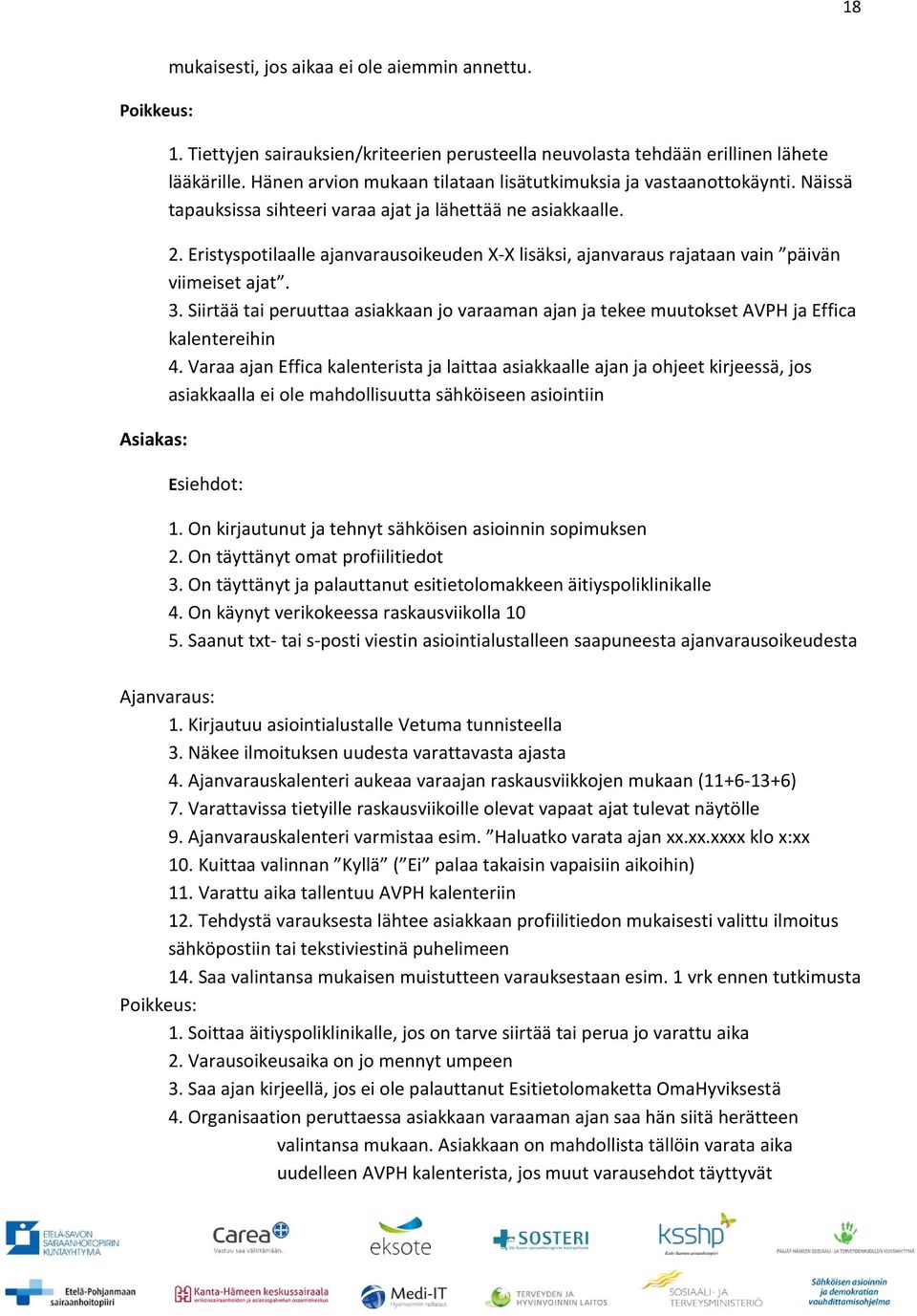 Eristyspotilaalle ajanvarausoikeuden X-X lisäksi, ajanvaraus rajataan vain päivän viimeiset ajat. 3. Siirtää tai peruuttaa asiakkaan jo varaaman ajan ja tekee muutokset AVPH ja Effica kalentereihin 4.