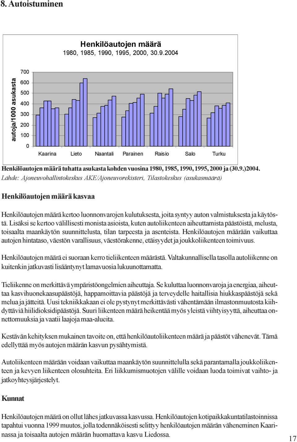 Lähde: Ajoneuvohallintokeskus AKE/Ajoneuvorekisteri, Tilastokeskus (asukasmäärä) Henkilöautojen määrä kasvaa Henkilöautojen määrä kertoo luonnonvarojen kulutuksesta, joita syntyy auton valmistuksesta