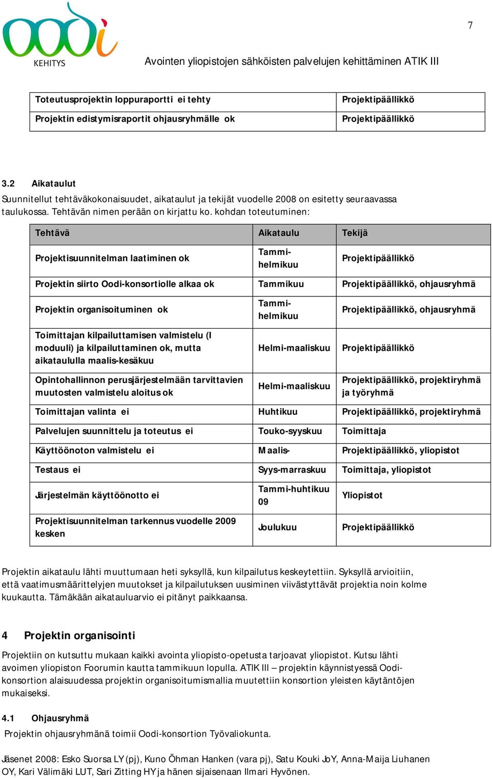 kohdan toteutuminen: Tehtävä Aikataulu Tekijä Projektisuunnitelman laatiminen ok Projektipäällikkö Projektin siirto Oodi-konsortiolle alkaa ok Tammikuu Projektipäällikkö, ohjausryhmä Projektin