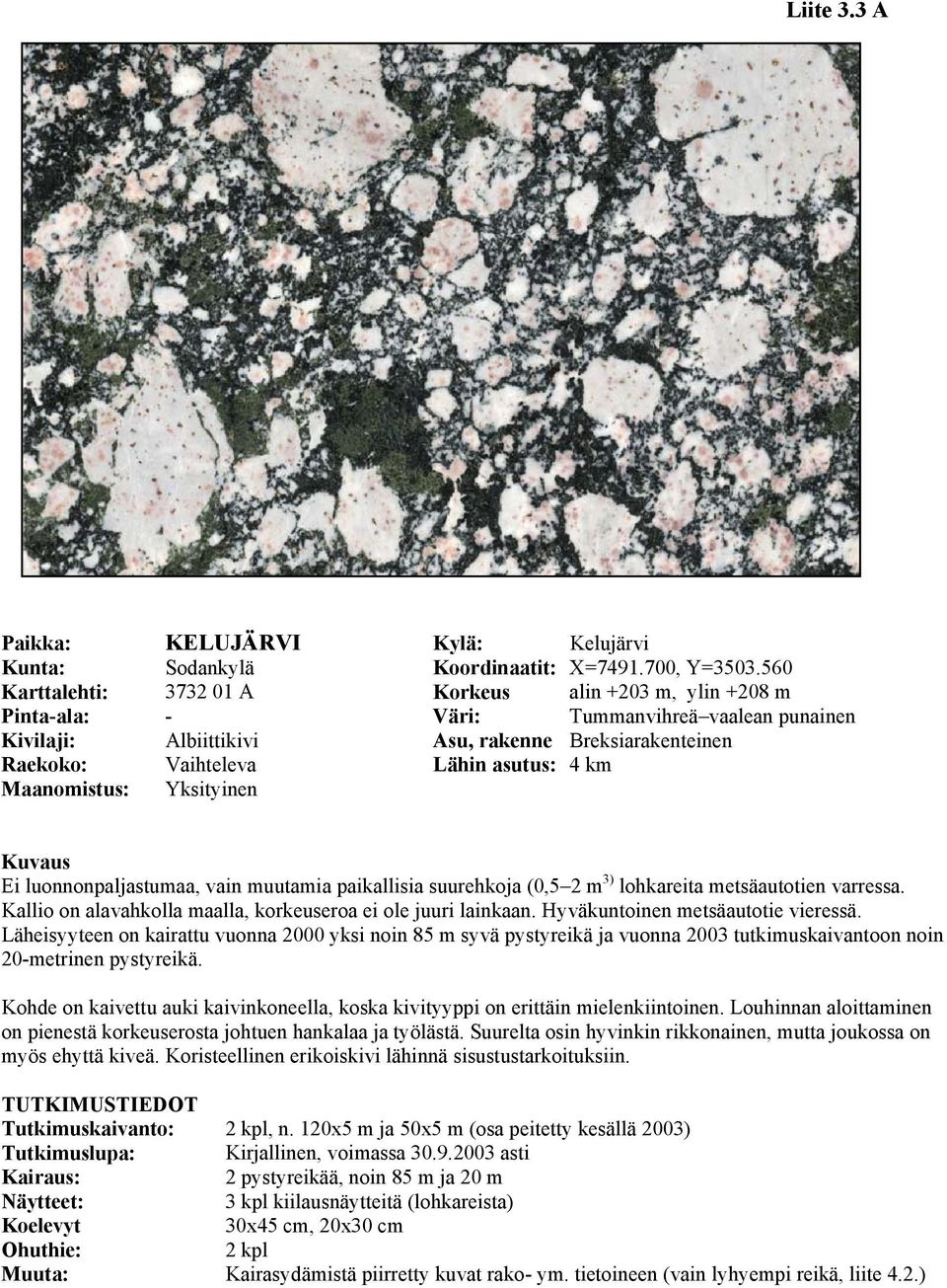 km Maanomistus: Yksityinen Kuvaus Ei luonnonpaljastumaa, vain muutamia paikallisia suurehkoja (0,5 2 m 3) lohkareita metsäautotien varressa.