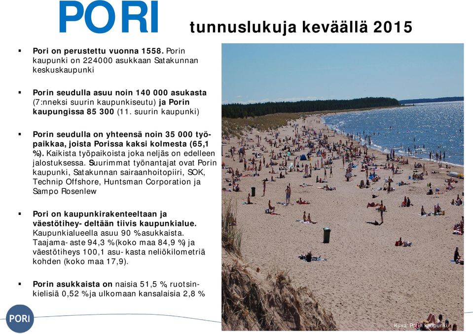 suurin kaupunki) Porin seudulla on yhteensä noin 35 000 työpaikkaa, joista Porissa kaksi kolmesta (65,1 %). Kaikista työpaikoista joka neljäs on edelleen jalostuksessa.