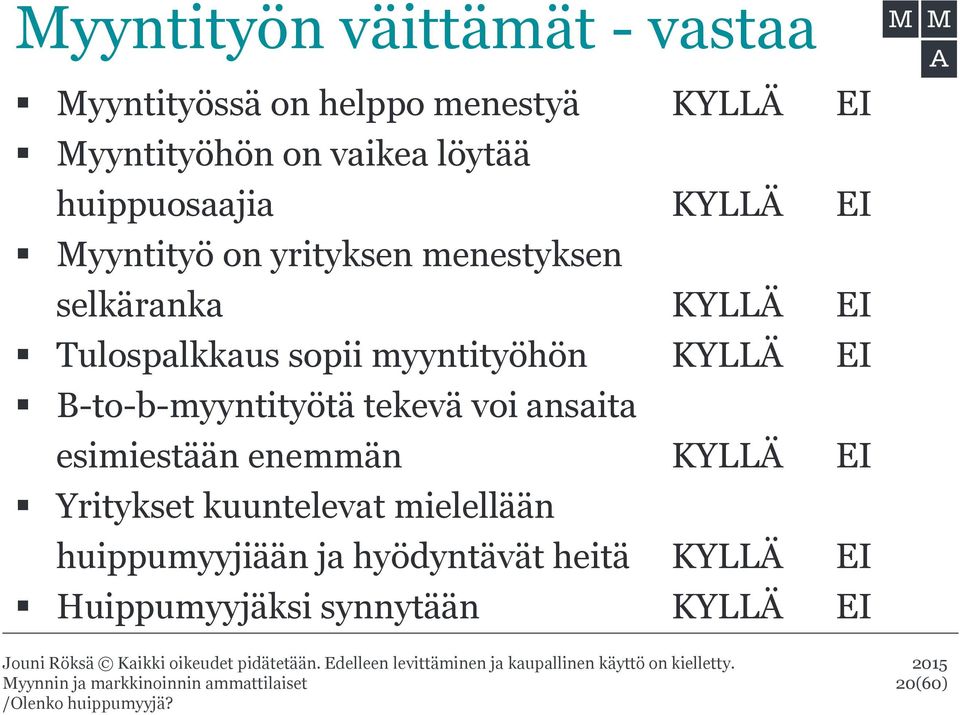 myyntityöhön KYLLÄ EI B-to-b-myyntityötä tekevä voi ansaita esimiestään enemmän KYLLÄ EI Yritykset