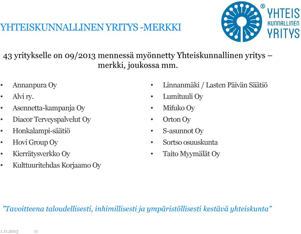 Asennetta-kampanja Oy Diacor Terveyspalvelut Oy Honkalampi-säätiö Hovi Group Oy Kierrätysverkko Oy Kulttuuritehdas