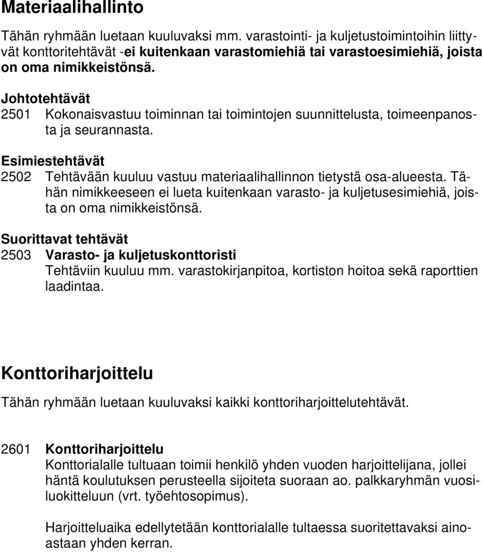 Tähän nimikkeeseen ei lueta kuitenkaan varasto- ja kuljetusesimiehiä, joista on oma nimikkeistönsä. Suorittavat tehtävät 2503 Varasto- ja kuljetuskonttoristi Tehtäviin kuuluu mm.