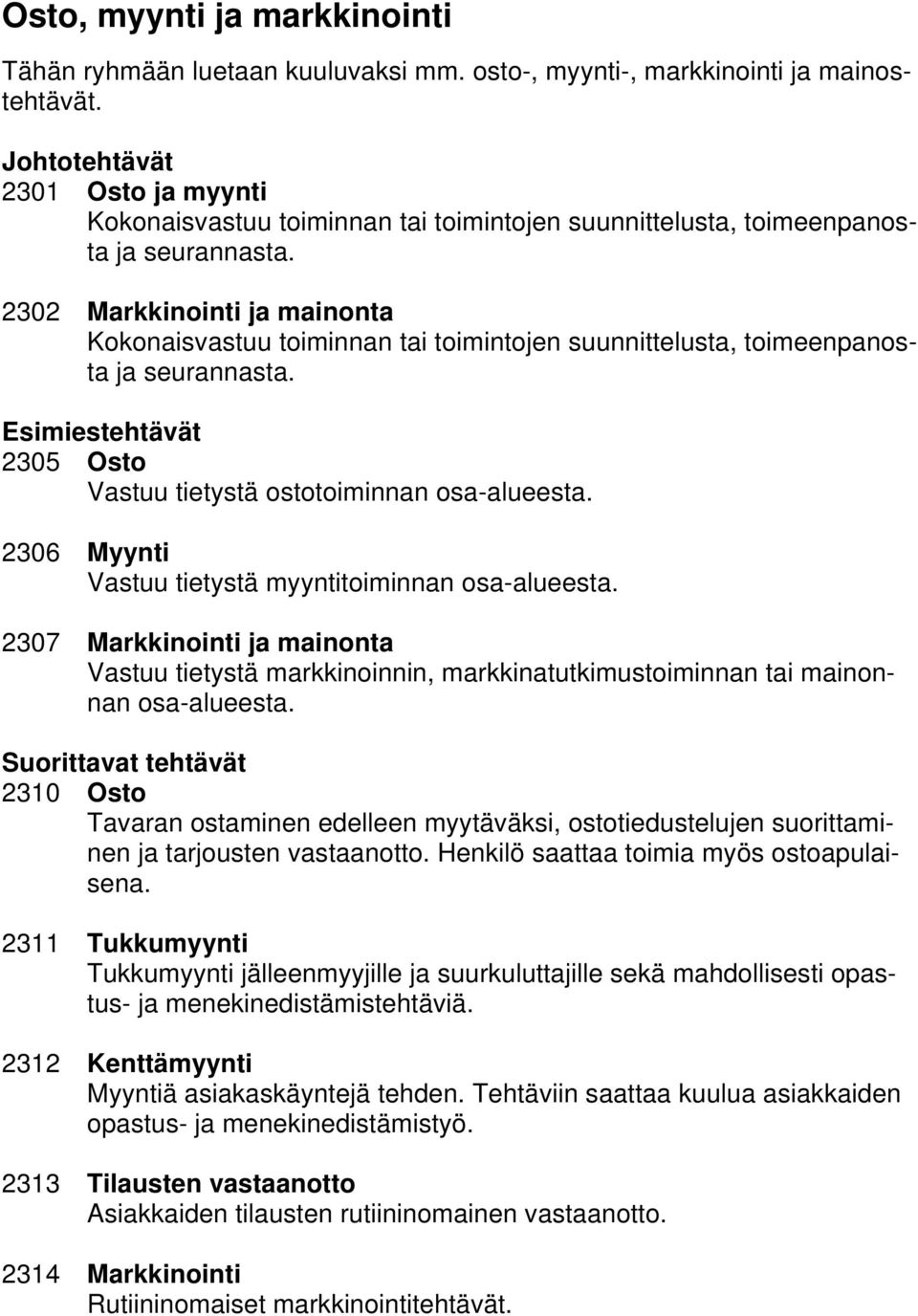 2302 Markkinointi ja mainonta Kokonaisvastuu toiminnan tai toimintojen suunnittelusta, toimeenpanosta ja seurannasta. 2305 Osto Vastuu tietystä ostotoiminnan osa-alueesta.