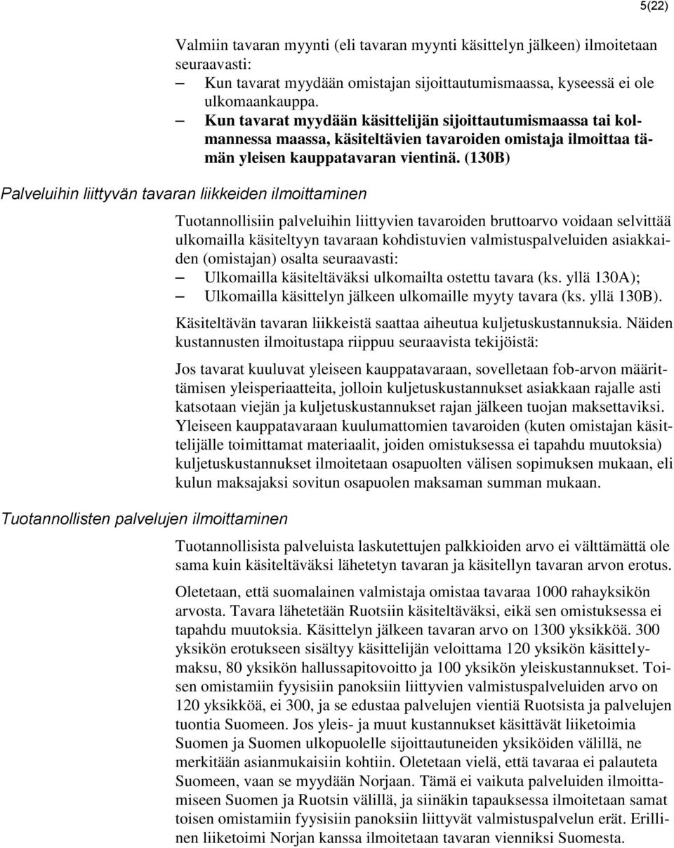 (130B) Palveluihin liittyvän tavaran liikkeiden ilmoittaminen Tuotannollisten palvelujen ilmoittaminen Tuotannollisiin palveluihin liittyvien tavaroiden bruttoarvo voidaan selvittää ulkomailla