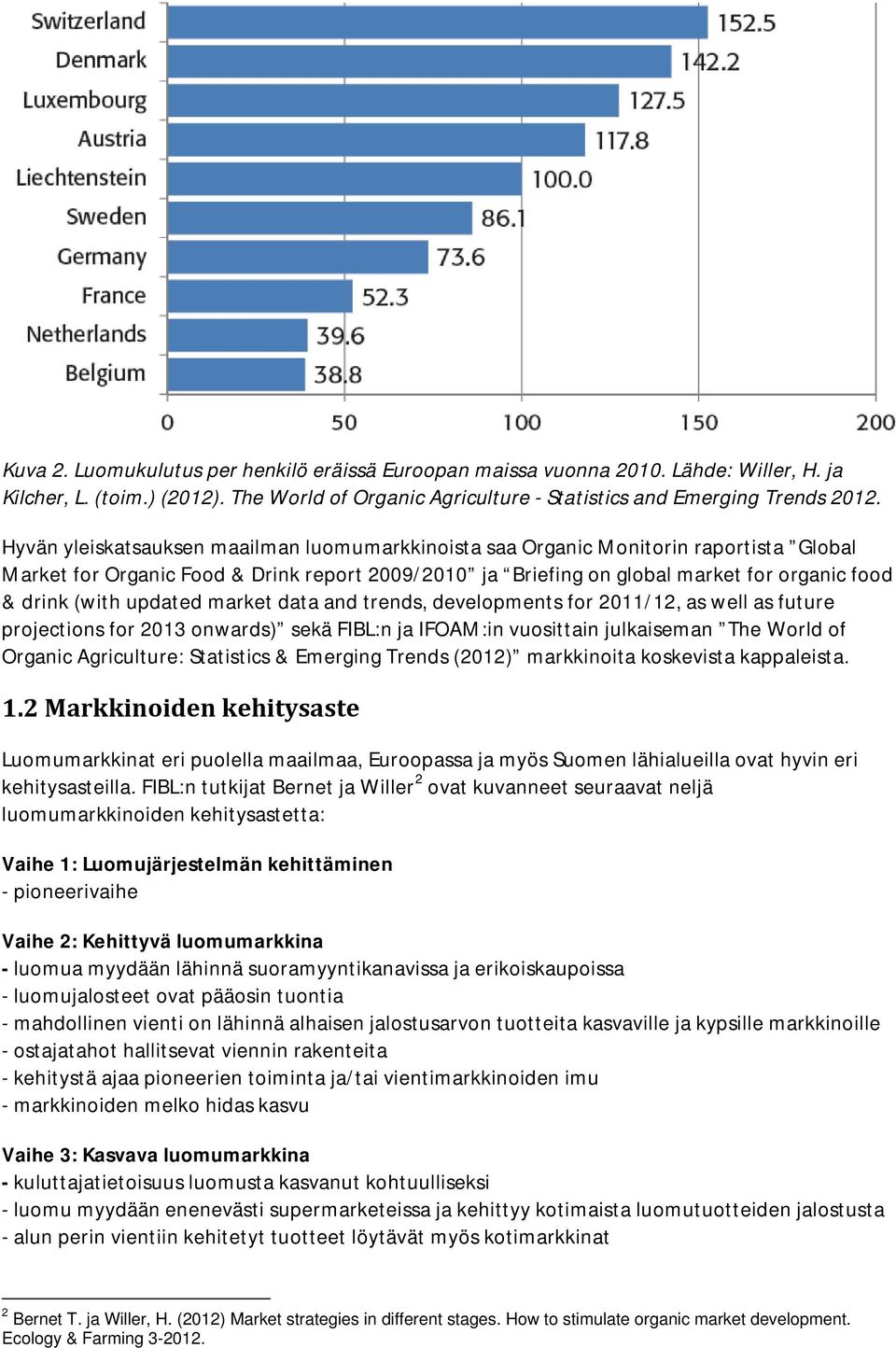 updated market data and trends, developments for 2011/12, as well as future projections for 2013 onwards) sekä FIBL:n ja IFOAM:in vuosittain julkaiseman The World of Organic Agriculture: Statistics &