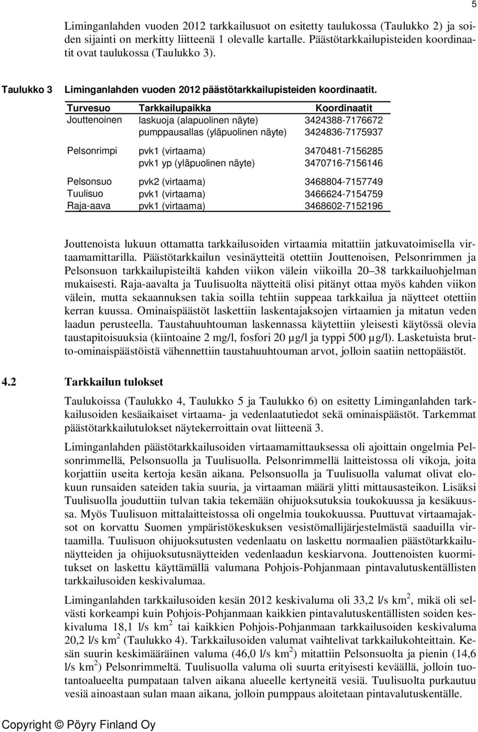 Turvesuo Tarkkailupaikka Koordinaatit Jouttenoinen laskuoja (alapuolinen näyte) 3424388-7176672 pumppausallas (yläpuolinen näyte) 3424836-7175937 Pelsonrimpi pvk1 (virtaama) 3470481-7156285 pvk1 yp