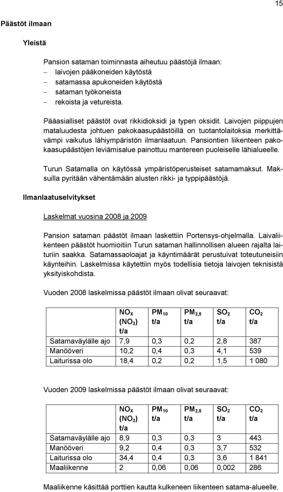 Pansiontien liikenteen pakokaasupäästöjen leviämisalue painottuu mantereen puoleiselle lähialueelle. Turun Satamalla on käytössä ympäristöperusteiset satamamaksut.