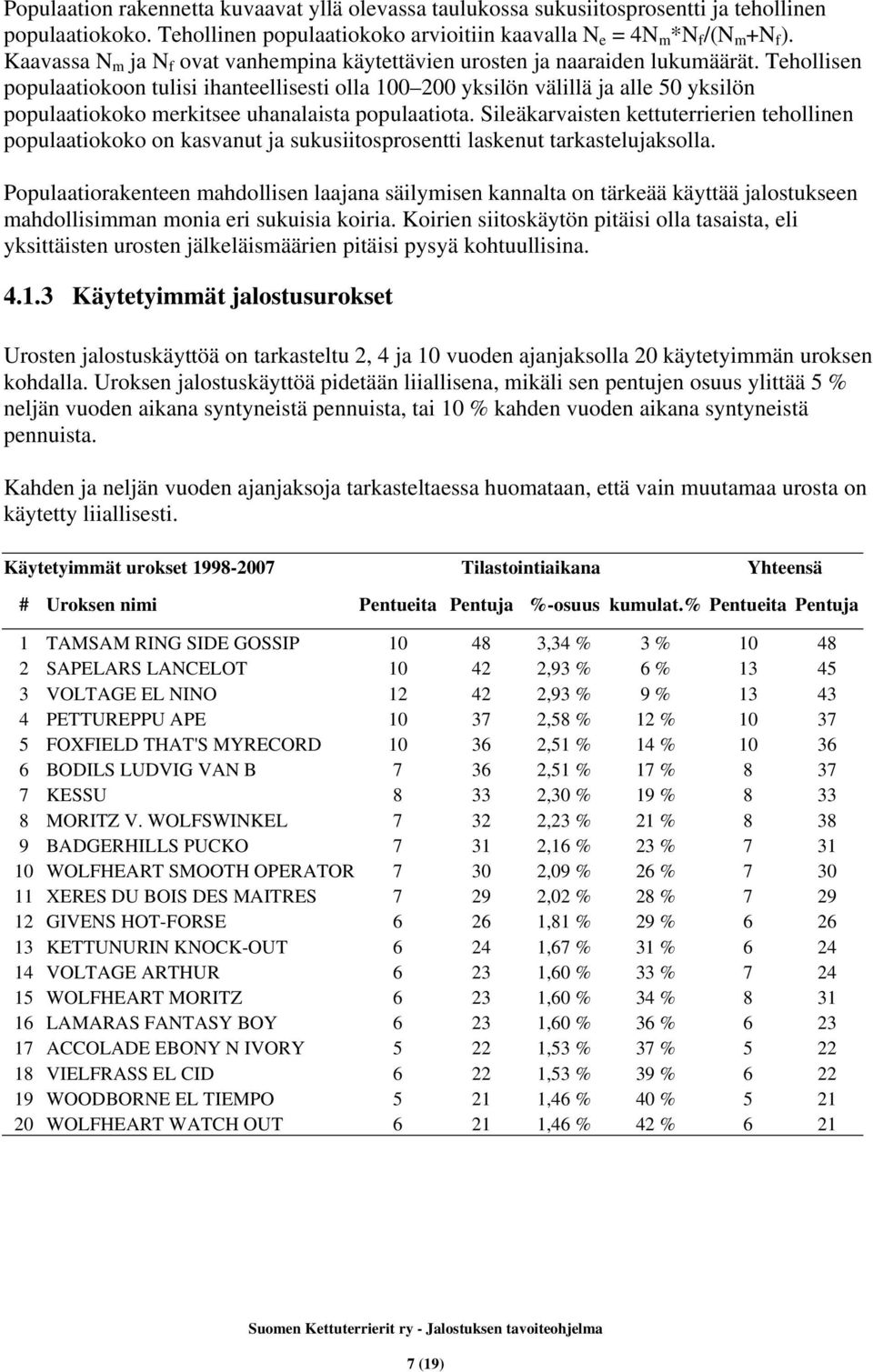 Tehollisen populaatiokoon tulisi ihanteellisesti olla 100 200 yksilön välillä ja alle 50 yksilön populaatiokoko merkitsee uhanalaista populaatiota.