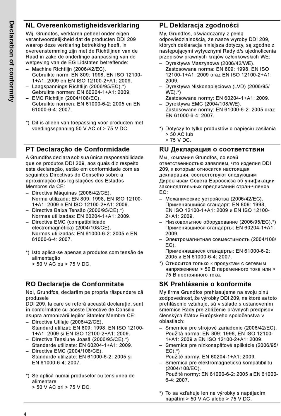 Gebruikte norm: EN 809: 1998, EN ISO 12100-1+A1: 2009 en EN ISO 12100-2+A1: 2009. Laagspannings Richtlijn (2006/95/EC).*) Gebruikte normen: EN 60204-1+A1: 2009. EMC Richtlijn (2004/108/EC).