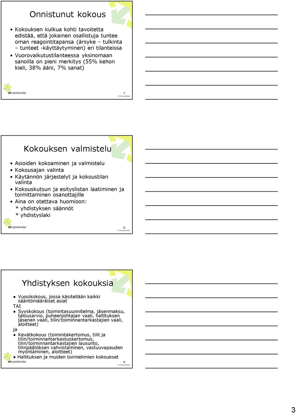 Kokouskutsun ja esityslistan laatiminen ja toimittaminen osanottajille Aina on otettava huomioon: * yhdistyksen säännöt * yhdistyslaki 8 Yhdistyksen kokouksia Vuosikokous, jossa käsitellään kaikki
