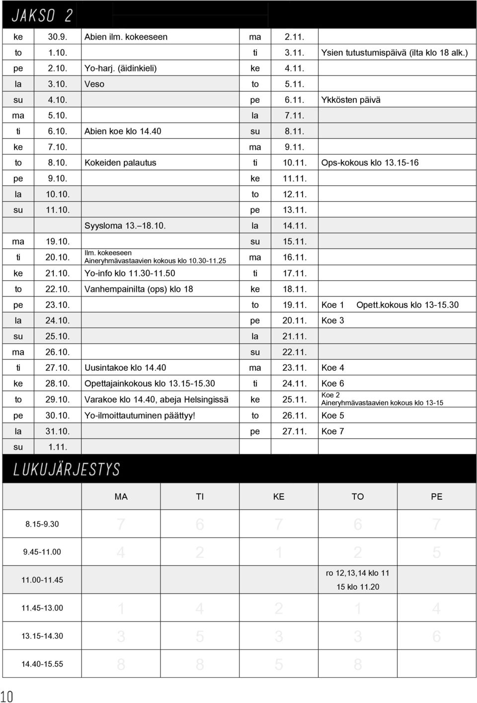 18.10. la 14.11. ma 19.10. su 15.11. ti 20.10. Ilm. kokeeseen Aineryhmävastaavien kokous klo 10.30-11.25 ma 16.11. ke 21.10. Yo-info klo 11.30-11.50 ti 17.11. to 22.10. Vanhempainilta (ops) klo 18 ke 18.