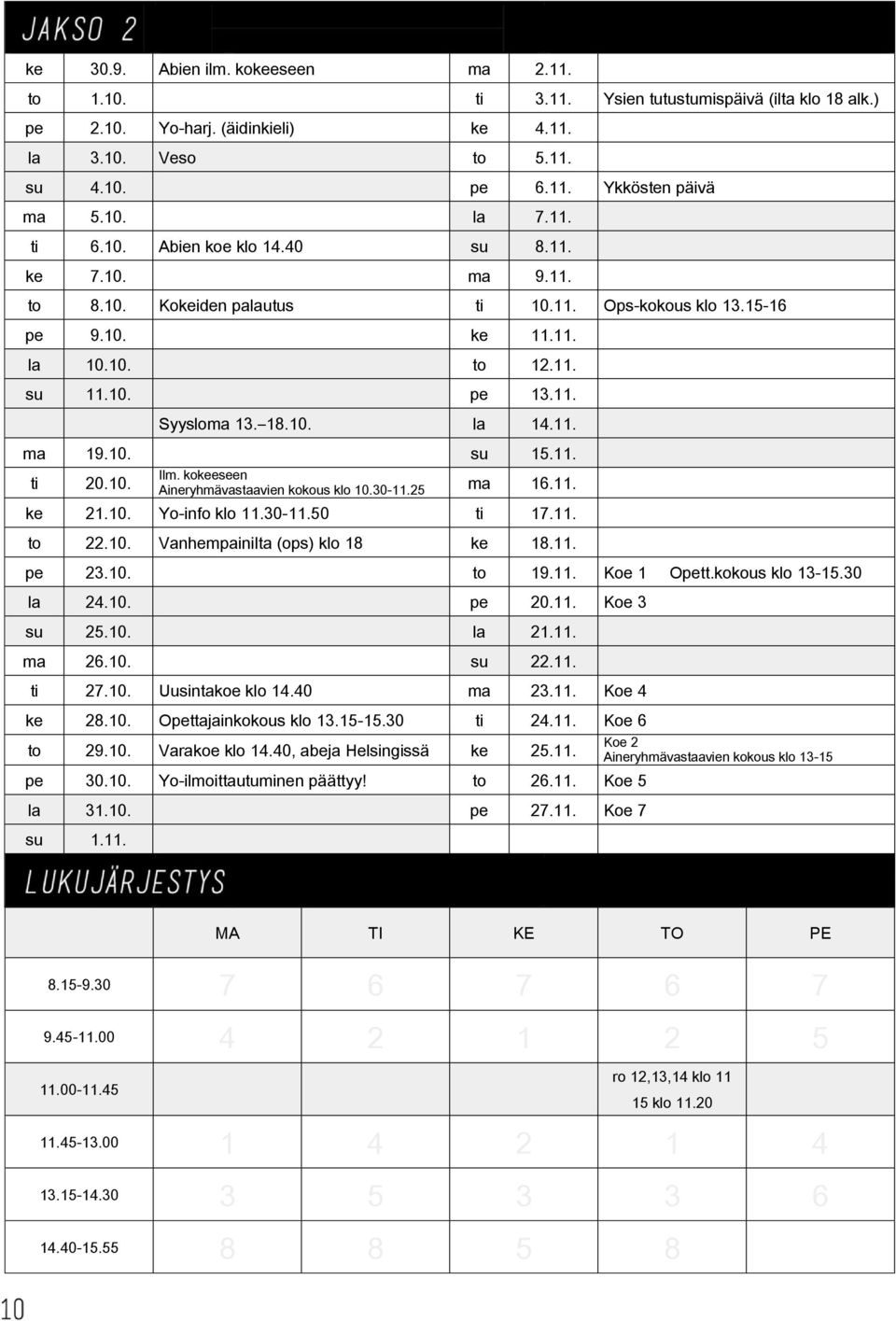 18.10. la 14.11. ma 19.10. su 15.11. ti 20.10. Ilm. kokeeseen Aineryhmävastaavien kokous klo 10.30-11.25 ma 16.11. ke 21.10. Yo-info klo 11.30-11.50 ti 17.11. to 22.10. Vanhempainilta (ops) klo 18 ke 18.