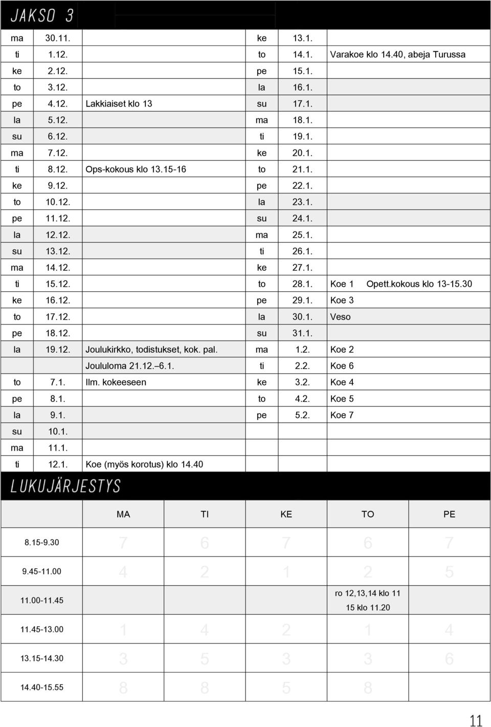 30 ke 16.12. pe 29.1. Koe 3 to 17.12. la 30.1. Veso pe 18.12. su 31.1. la 19.12. Joulukirkko, todistukset, kok. pal. ma 1.2. Koe 2 Joululoma 21.12. 6.1. ti 2.2. Koe 6 to 7.1. Ilm. kokeeseen ke 3.2. Koe 4 pe 8.
