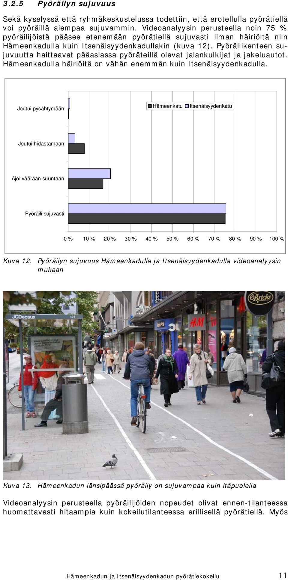 Pyöräliikenteen sujuvuutta haittaavat pääasiassa pyöräteillä olevat jalankulkijat ja jakeluautot. Hämeenkadulla häiriöitä on vähän enemmän kuin Itsenäisyydenkadulla.