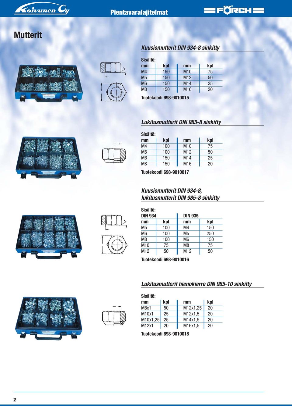 DIN 985-8 sinkitty DIN 934 DIN 935 M5 100 M4 150 M6 100 M5 250 M8 100 M6 150 M10 75 M8 75 M12 50 M12 50 Tuotekoodi 698-9010016