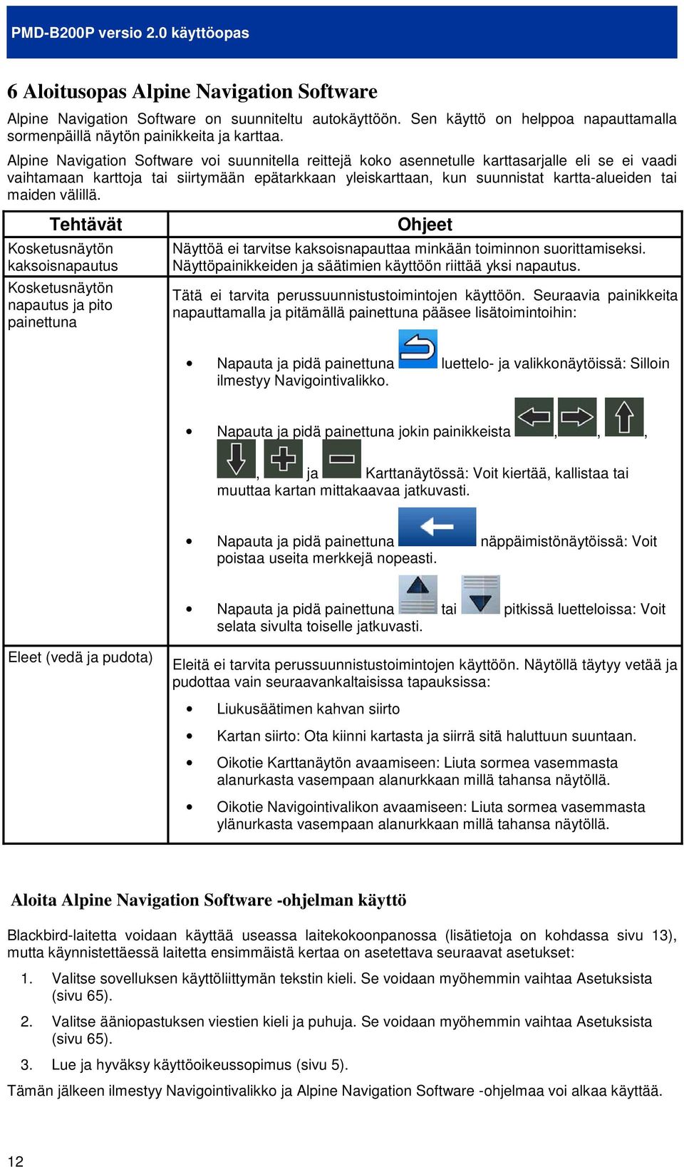 maiden välillä. Tehtävät Kosketusnäytön kaksoisnapautus Kosketusnäytön napautus ja pito painettuna Ohjeet Näyttöä ei tarvitse kaksoisnapauttaa minkään toiminnon suorittamiseksi.